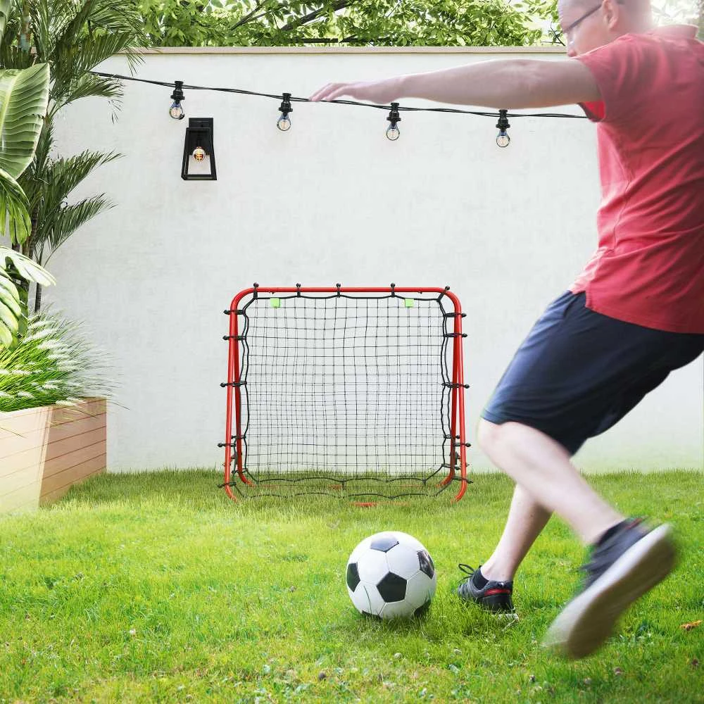 HOMCOM futbolo atšokimo sienelė, tinklas, dvipusis atšokimas, reguliuojamas 5 padėtimis, futbolo treniruotėms, plieno, raudonas, 100 x 95 x 90 cm