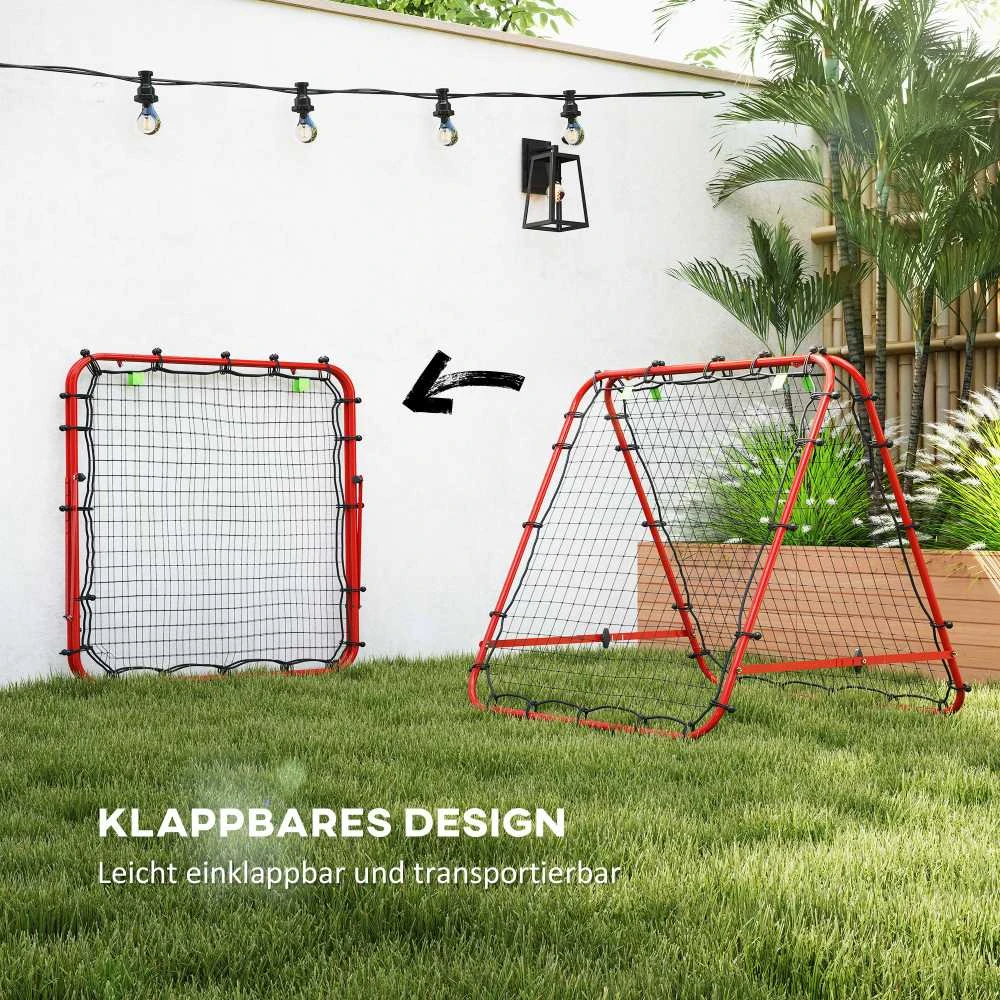 HOMCOM futbolo atšokimo sienelė, tinklas, dvipusis atšokimas, reguliuojamas 5 padėtimis, futbolo treniruotėms, plieno, raudonas, 100 x 95 x 90 cm