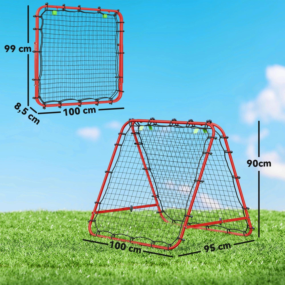 HOMCOM futbolo atšokimo sienelė, tinklas, dvipusis atšokimas, reguliuojamas 5 padėtimis, futbolo treniruotėms, plieno, raudonas, 100 x 95 x 90 cm