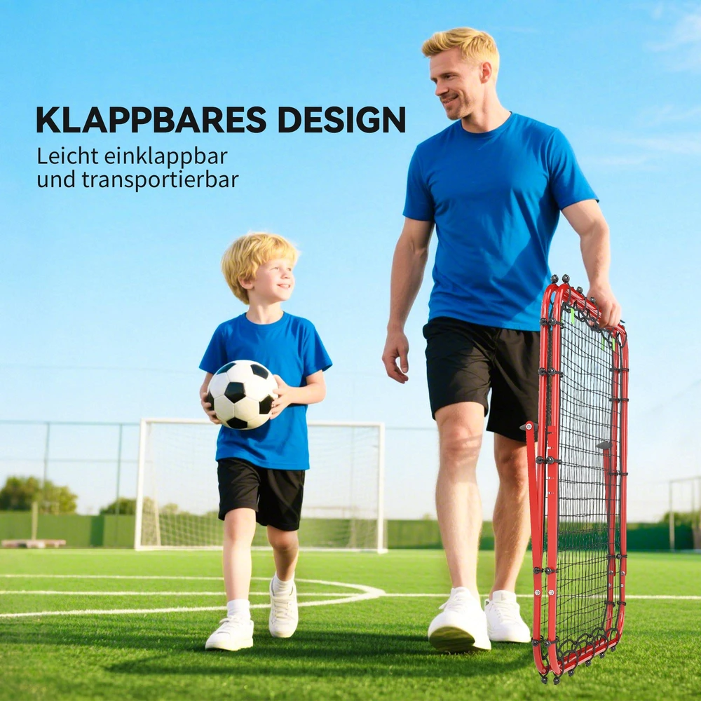 HOMCOM futbolo atšokimo sienelė, tinklas, dvipusis atšokimas, reguliuojamas 5 padėtimis, futbolo treniruotėms, plieno, raudonas, 100 x 95 x 90 cm