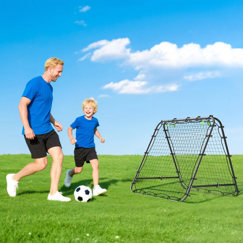 HOMCOM futbolo atšokimo sienelė, grąžinimo tinklas, dvipusis, reguliuojamas 5 padėtimis, futbolo treniruotėms, plienas, juoda, 100 x 95 x 90 cm
