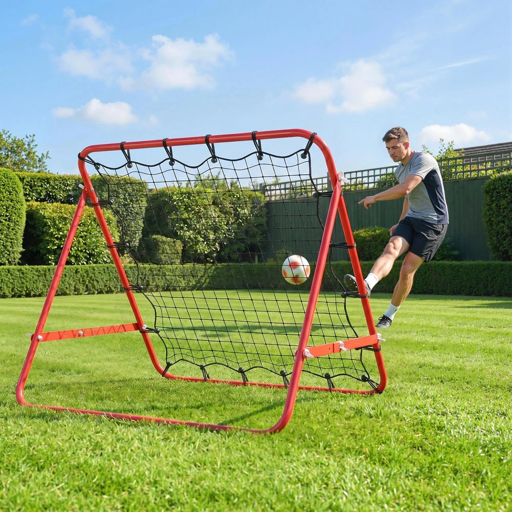 HOMCOM futbolo atšokimo tinklelis, treniruočių vartai su reguliuojamu kampu, raudona ir juoda spalvos, 96 x 80 x 96 cm
