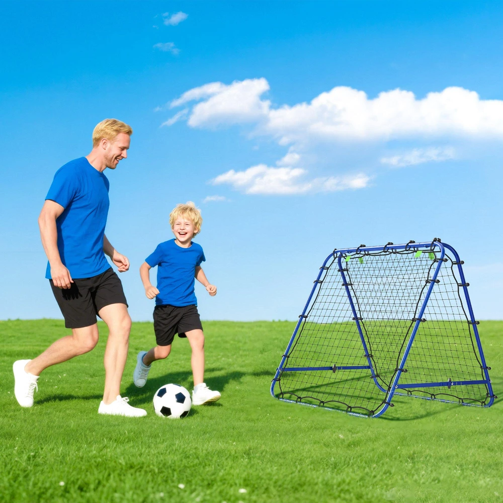 HOMCOM futbolo treniruočių atšokimo sienelė, tinklas su dvipusiu atšokimu, 5 reguliuojami lygiai, plienas, mėlyna, 100 x 95 x 90 cm