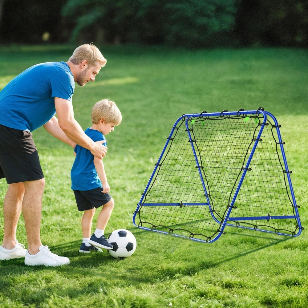 HOMCOM futbolo treniruočių atšokimo sienelė, tinklas su dvipusiu atšokimu, 5 reguliuojami lygiai, plienas, mėlyna, 100 x 95 x 90 cm