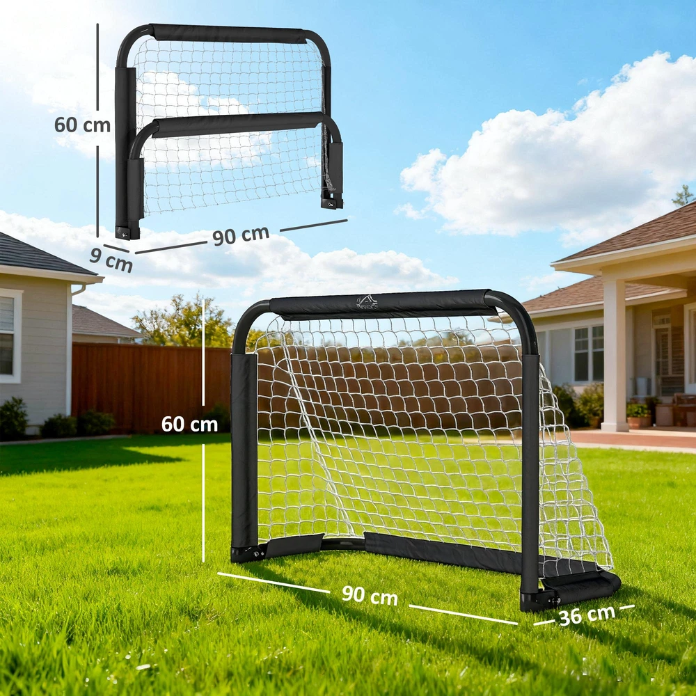"HOMCOM" futbolo vartai 2 sulankstomų futbolo vartų rinkinys su metaliniu rėmu vaikams ir suaugusiesiems, sodo, 90 x 36 x 60 cm, juodi