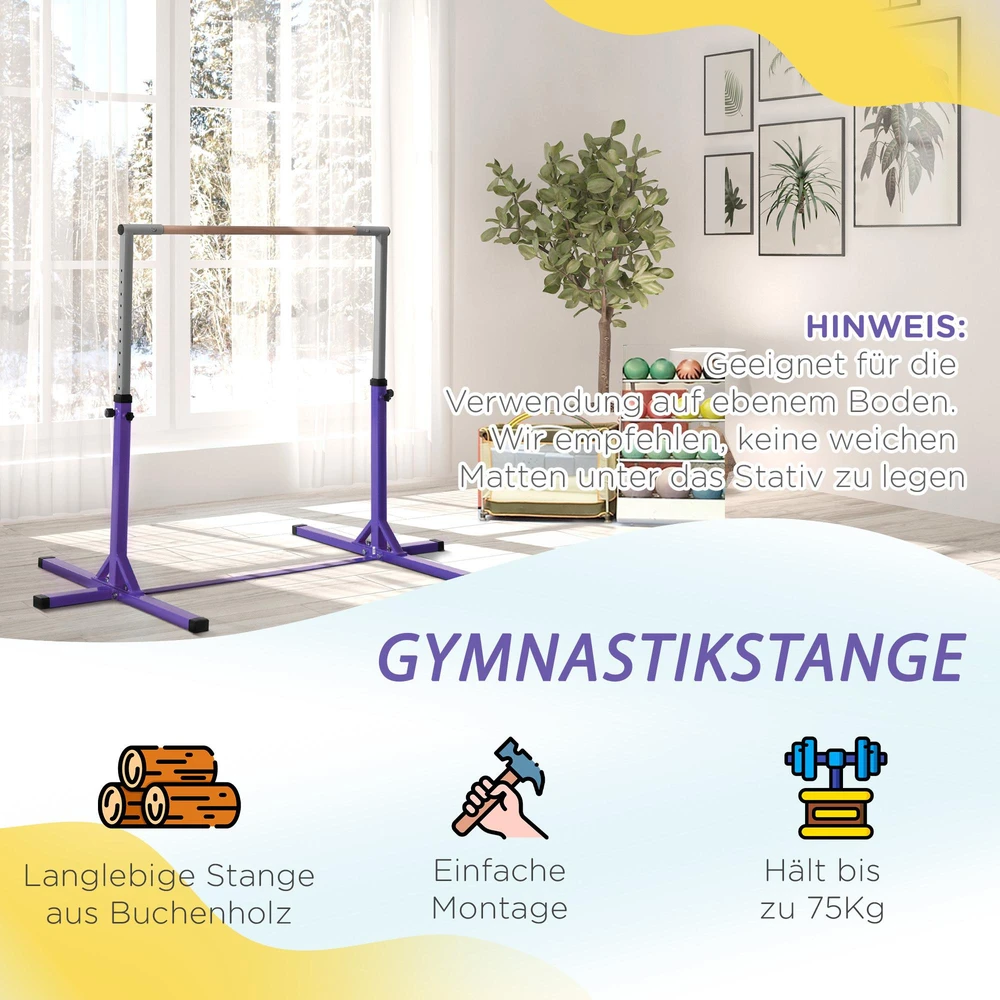 HOMCOM gimnastikos horizontalusis strypas, 13 pakopų reguliuojamo aukščio horizontalusis strypas, horizontalusis strypas pagamintas iš medžio ir tvirtos plieninės konstrukcijos, apkrova iki 75 kg, skirtas 3+ vaikams, skirtas patalpoms, lauke, violetinės spalvos