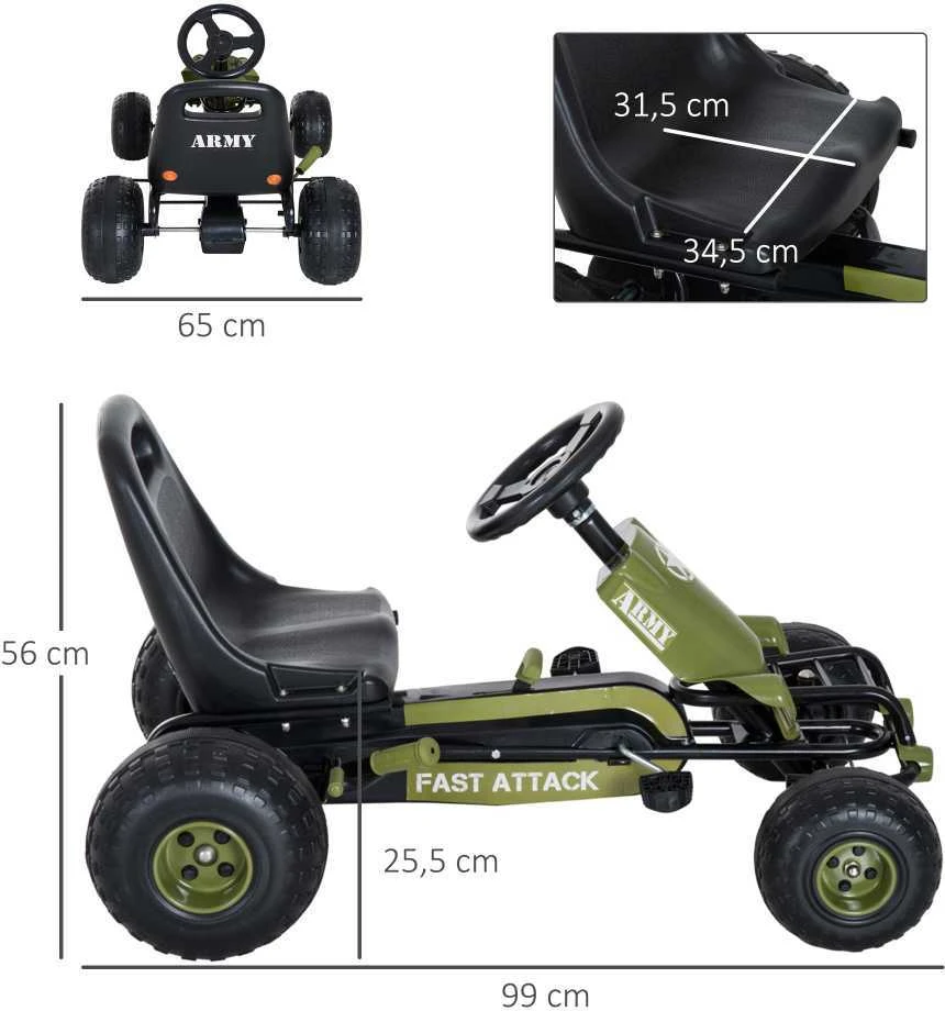 HOMCOM vaikiškas kartingas, pedalinis automobilis su rankiniu stabdžiu, nuo 3 metų, žalias, 99x65x56 cm