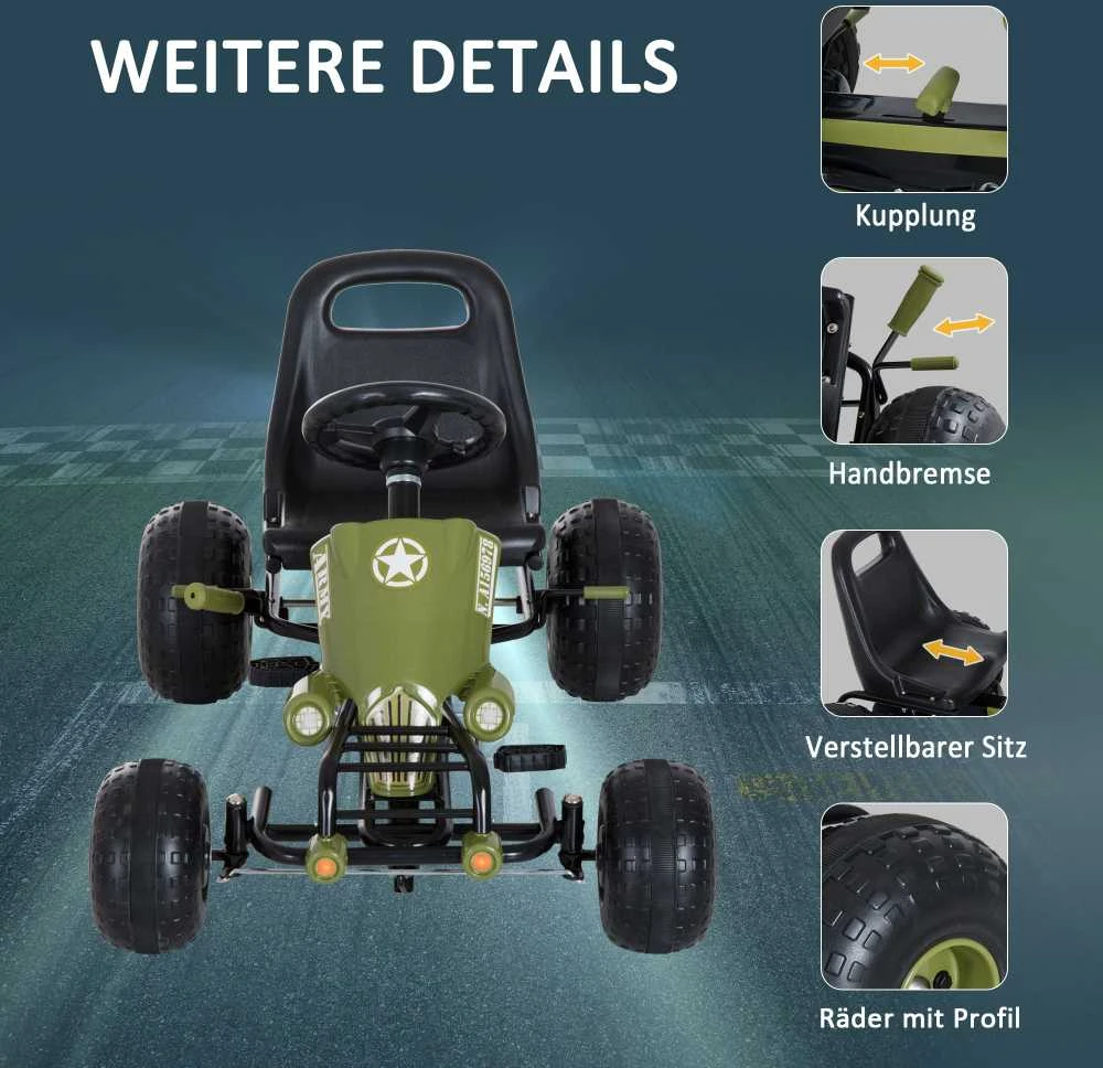 HOMCOM vaikiškas kartingas, pedalinis automobilis su rankiniu stabdžiu, nuo 3 metų, žalias, 99x65x56 cm