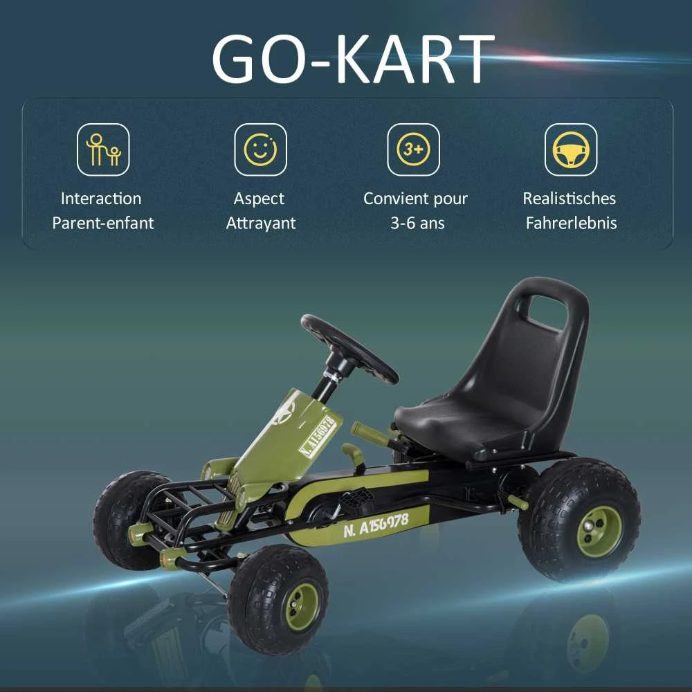 HOMCOM vaikiškas kartingas, pedalinis automobilis su rankiniu stabdžiu, nuo 3 metų, žalias, 99x65x56 cm