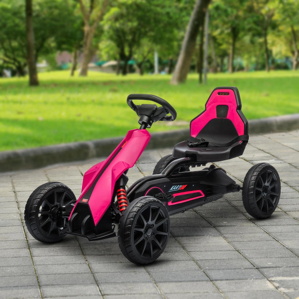 HOMCOM Gokart pedalinis automobilis su rankiniu stabdžiu, reguliuojama sėdyne, priekine ir atbuline pavara, vaikiška transporto priemonė, pedalinis automobilis vaikams nuo 3–8 metų, rožinis