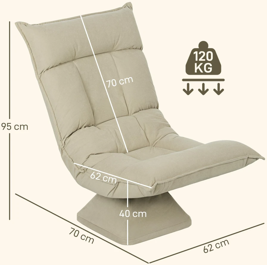 HOMCOM grindinis krėslas, 360° besisukantis, 5 padėčių reguliuojamas atlošas, sulankstoma grindų sofa, paminkštintas meditacijos krėslas, „Lazy Sofa“ svetainei, žaidimams ir skaitymui, smėlio spalvos