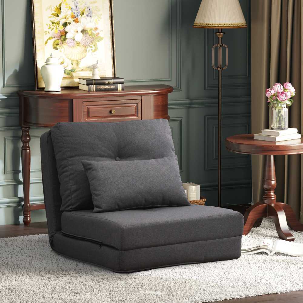 HOMCOM grindų fotelis, 2-in-1 sulankstoma lova su reguliuojamu atlošu, grindų sofa su dekoratyvine pagalve, lininis, grindų sėdmaišis