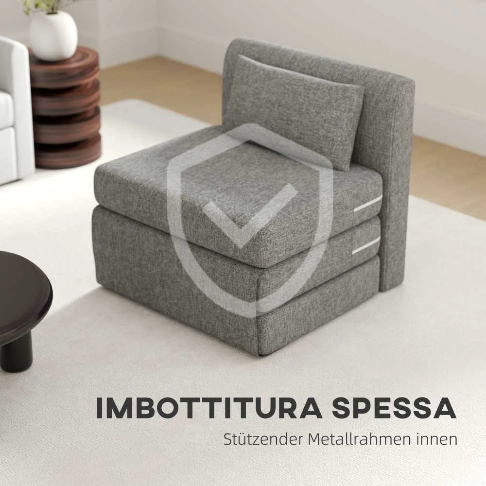 HOMCOM 2-in-1 sulankstomas grindų fotelis, sofos lova su lino audinio išvaizda, paminkštinta grindų kėdė, atlaikanti iki 240 kg, svetainei, miegamajam, pilka