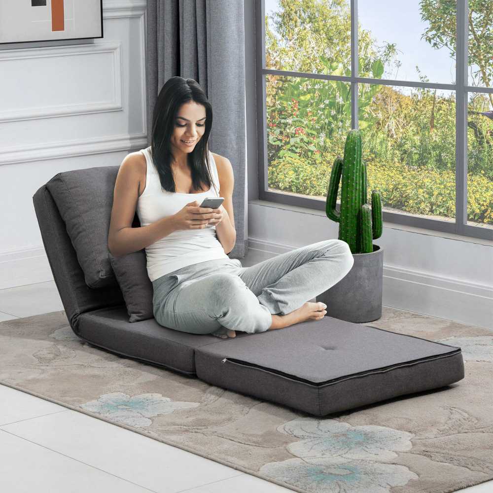 HOMCOM grindų fotelis, 2-in-1 sulankstoma lova su reguliuojamu atlošu, grindų sofa su dekoratyvine pagalve, lininis, grindų sėdmaišis