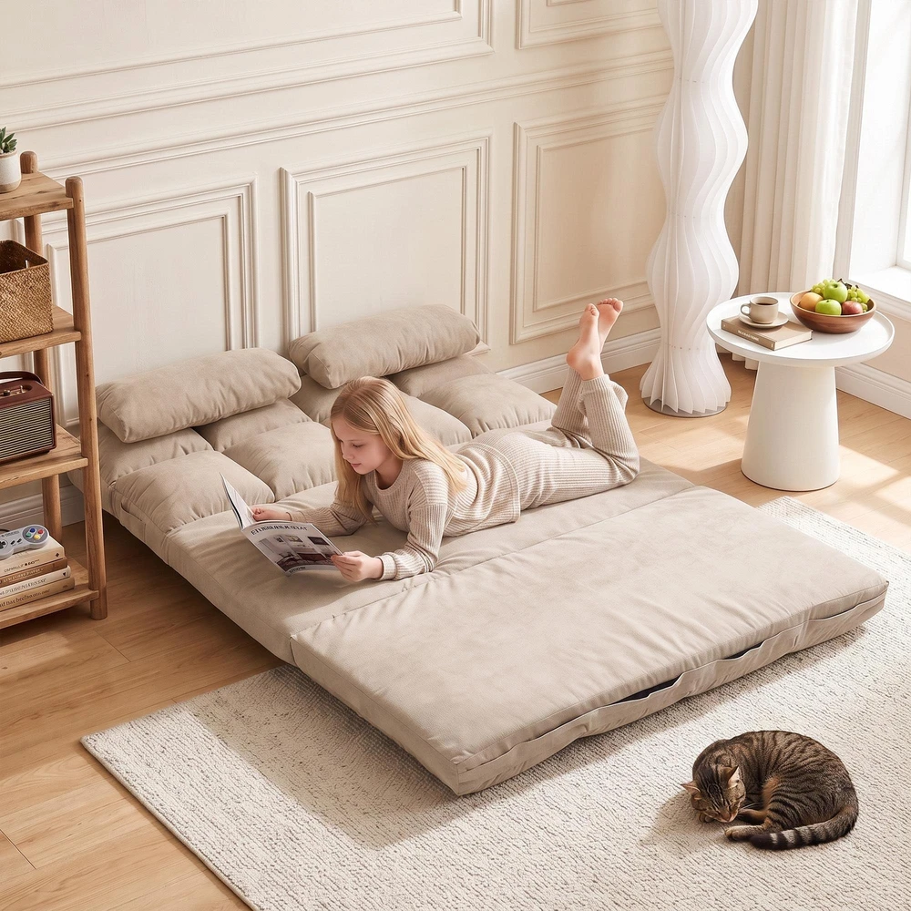 Fotelis HOMCOM 2-in-1 grindų sėdynė, sofa-lova su 3 padėčių reguliuojamu atlošu, aksominė, smėlio spalvos, 102x73x60 cm