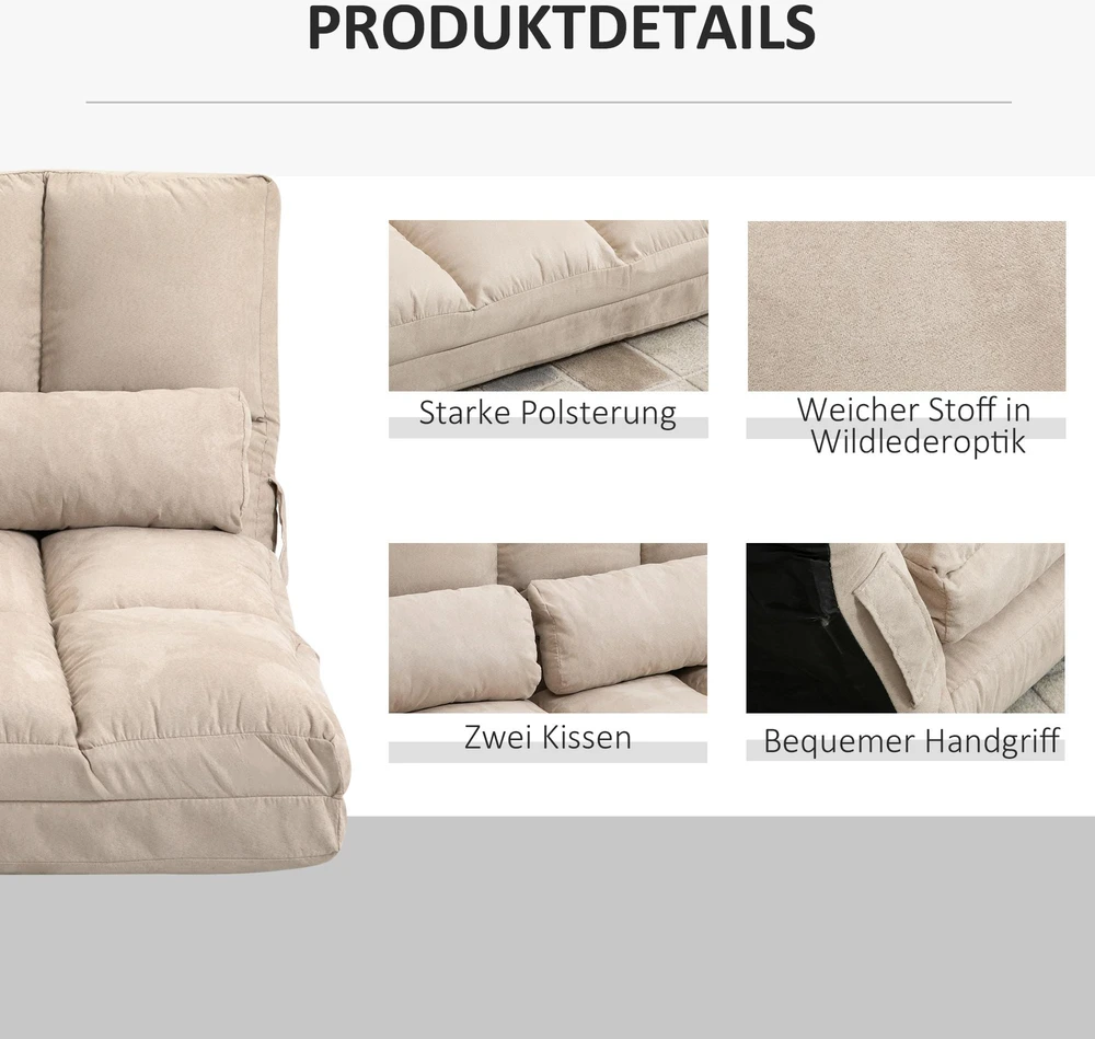 Fotelis HOMCOM 2-in-1 grindų sėdynė, sofa-lova su 3 padėčių reguliuojamu atlošu, aksominė, smėlio spalvos, 102x73x60 cm
