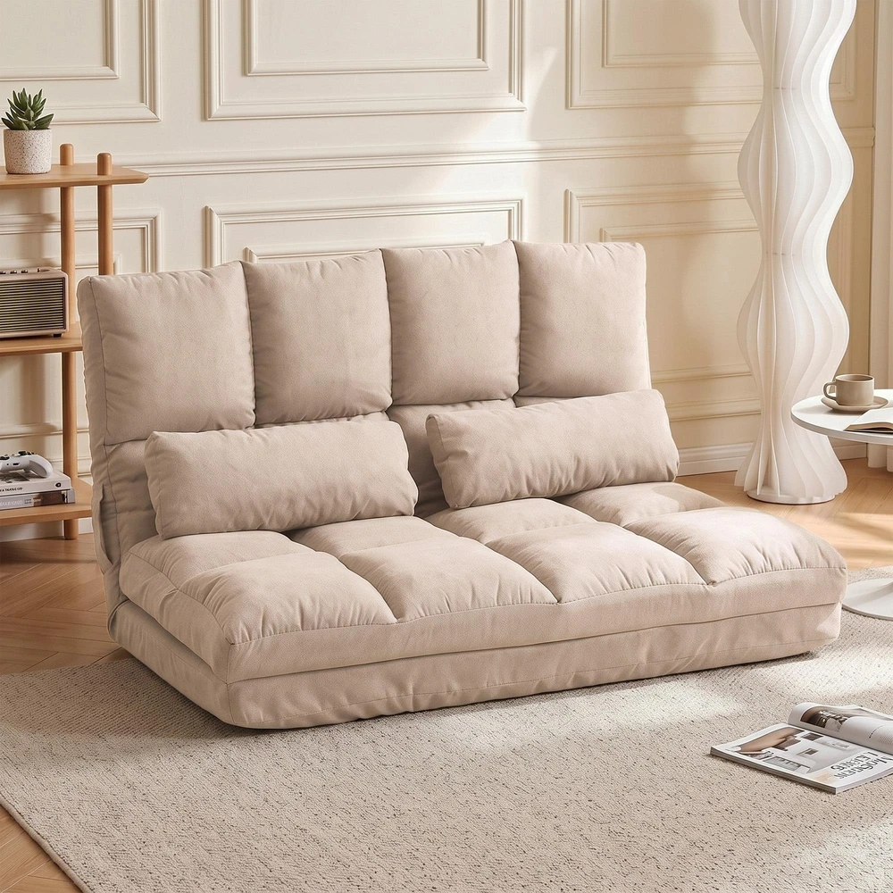 Fotelis HOMCOM 2-in-1 grindų sėdynė, sofa-lova su 3 padėčių reguliuojamu atlošu, aksominė, smėlio spalvos, 102x73x60 cm