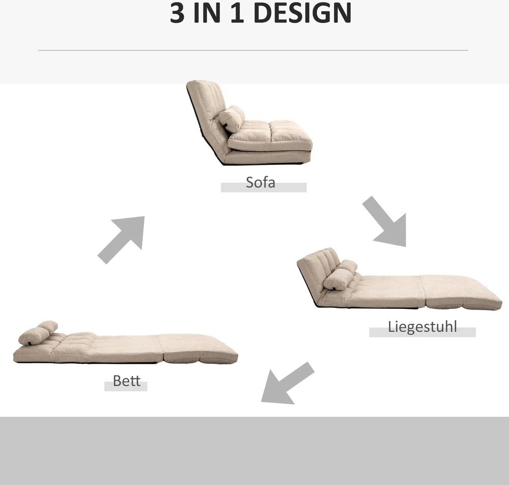 Fotelis HOMCOM 2-in-1 grindų sėdynė, sofa-lova su 3 padėčių reguliuojamu atlošu, aksominė, smėlio spalvos, 102x73x60 cm