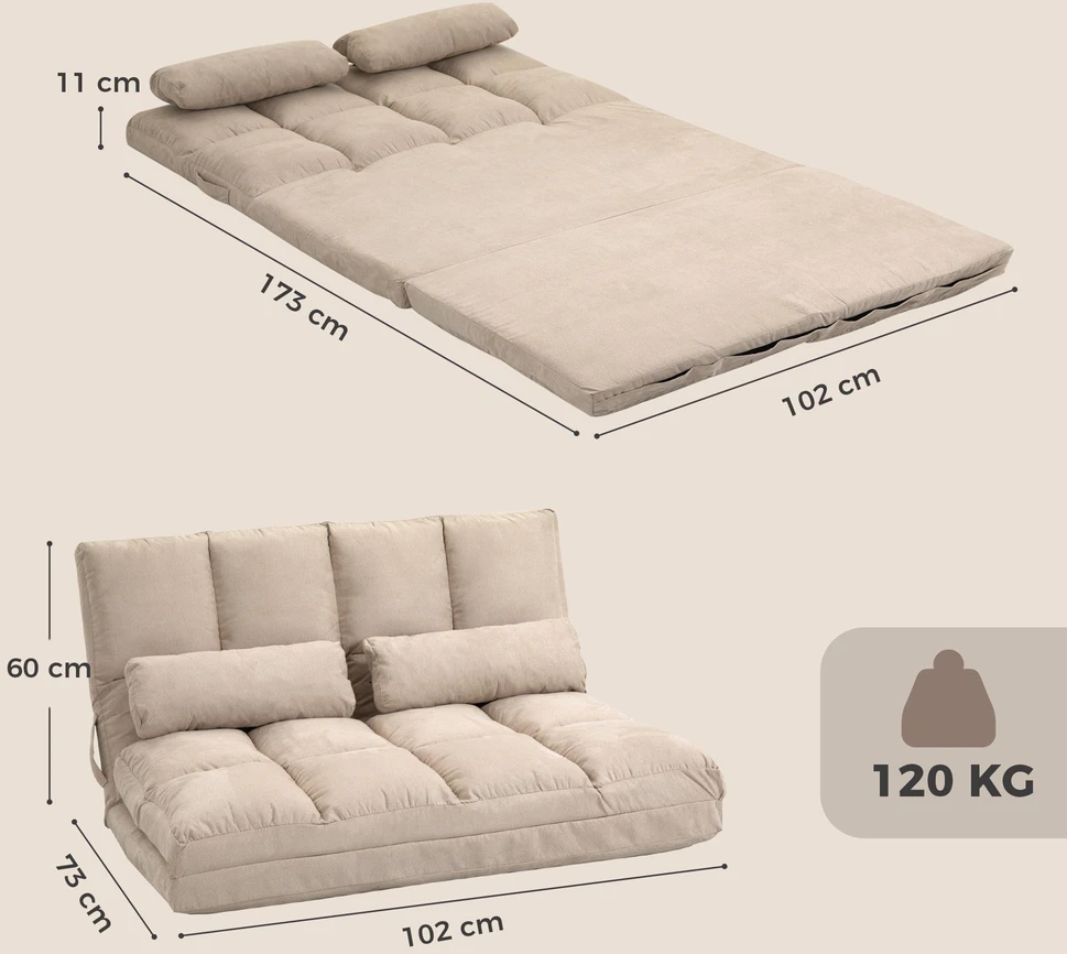 Fotelis HOMCOM 2-in-1 grindų sėdynė, sofa-lova su 3 padėčių reguliuojamu atlošu, aksominė, smėlio spalvos, 102x73x60 cm