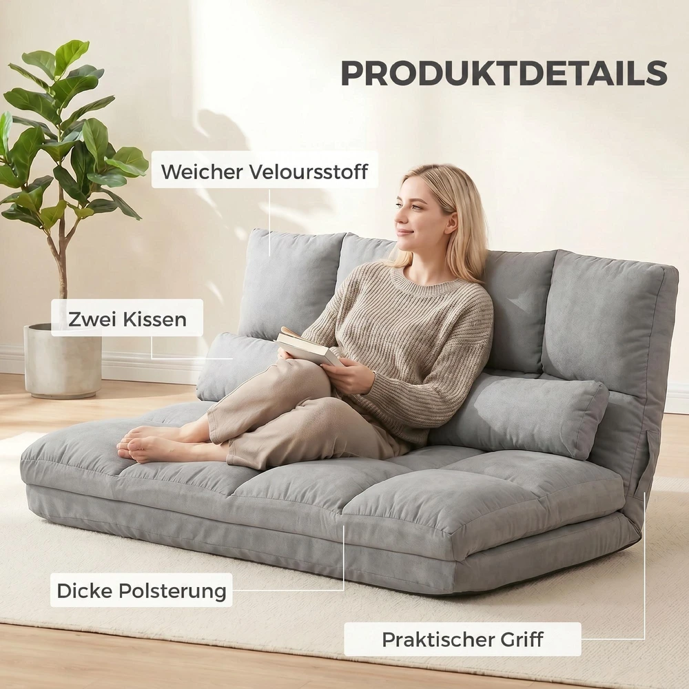 Fotelis HOMCOM 2-in-1 grindų kėdė ir lova su atlošu, 3 reguliuojamos padėtys, sėdynės pagalvėlė, pilka, aksomas ir plienas, 102x73x60 cm