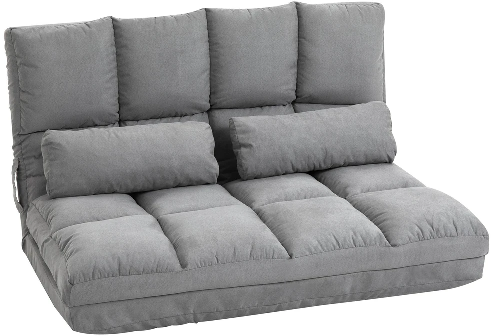 Fotelis HOMCOM 2-in-1 grindų kėdė ir lova su atlošu, 3 reguliuojamos padėtys, sėdynės pagalvėlė, pilka, aksomas ir plienas, 102x73x60 cm