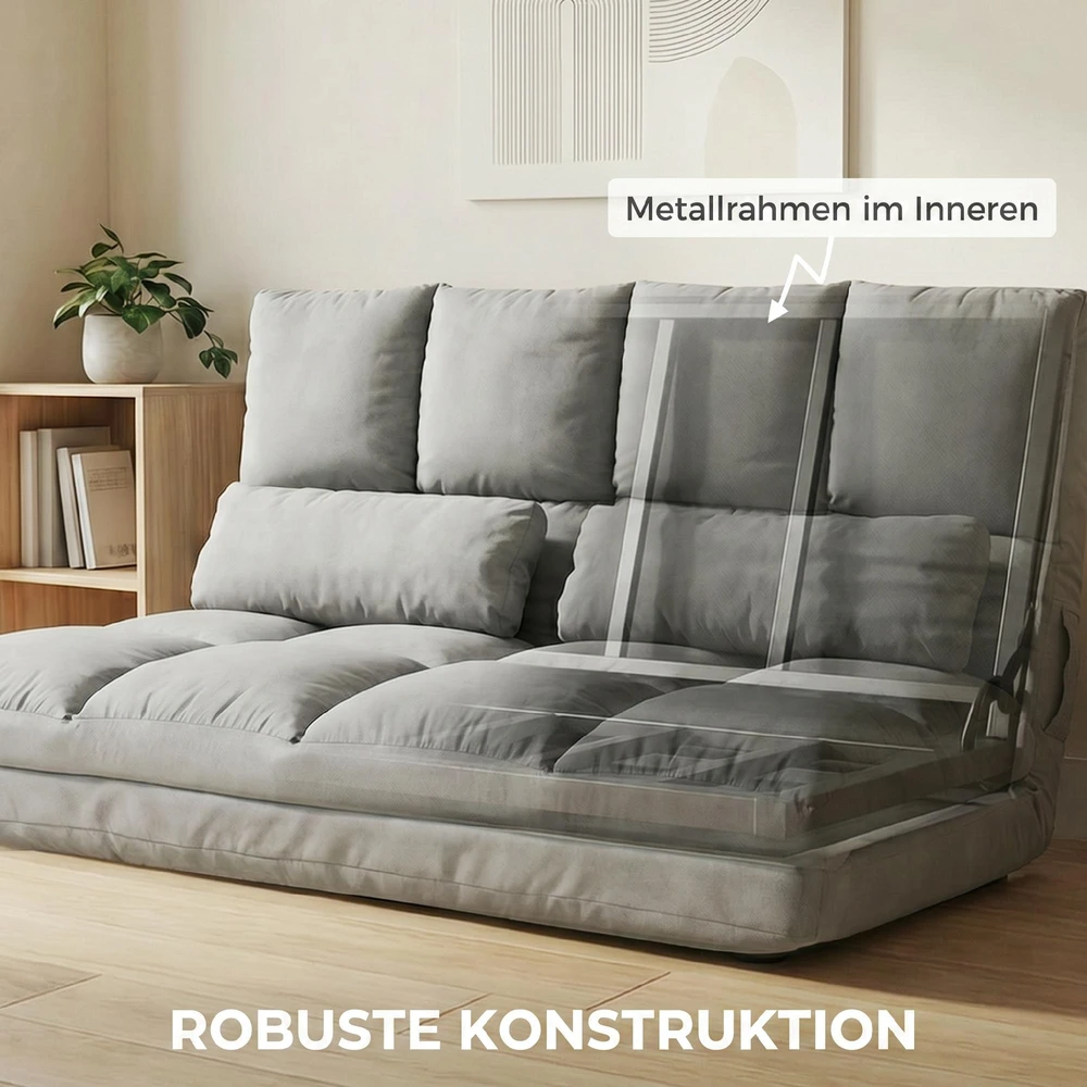 Fotelis HOMCOM 2-in-1 grindų kėdė ir lova su atlošu, 3 reguliuojamos padėtys, sėdynės pagalvėlė, pilka, aksomas ir plienas, 102x73x60 cm