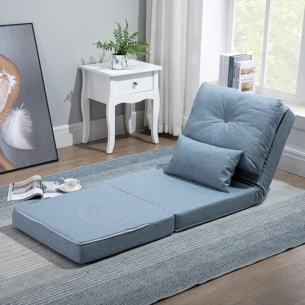 HOMCOM 2-in-1 grindų fotelis-lova su reguliuojamu atlošu, grindų sofa su dekoratyvine pagalve, skirta svetainei ar miegamajam, lininis, dangaus mėlynos spalvos