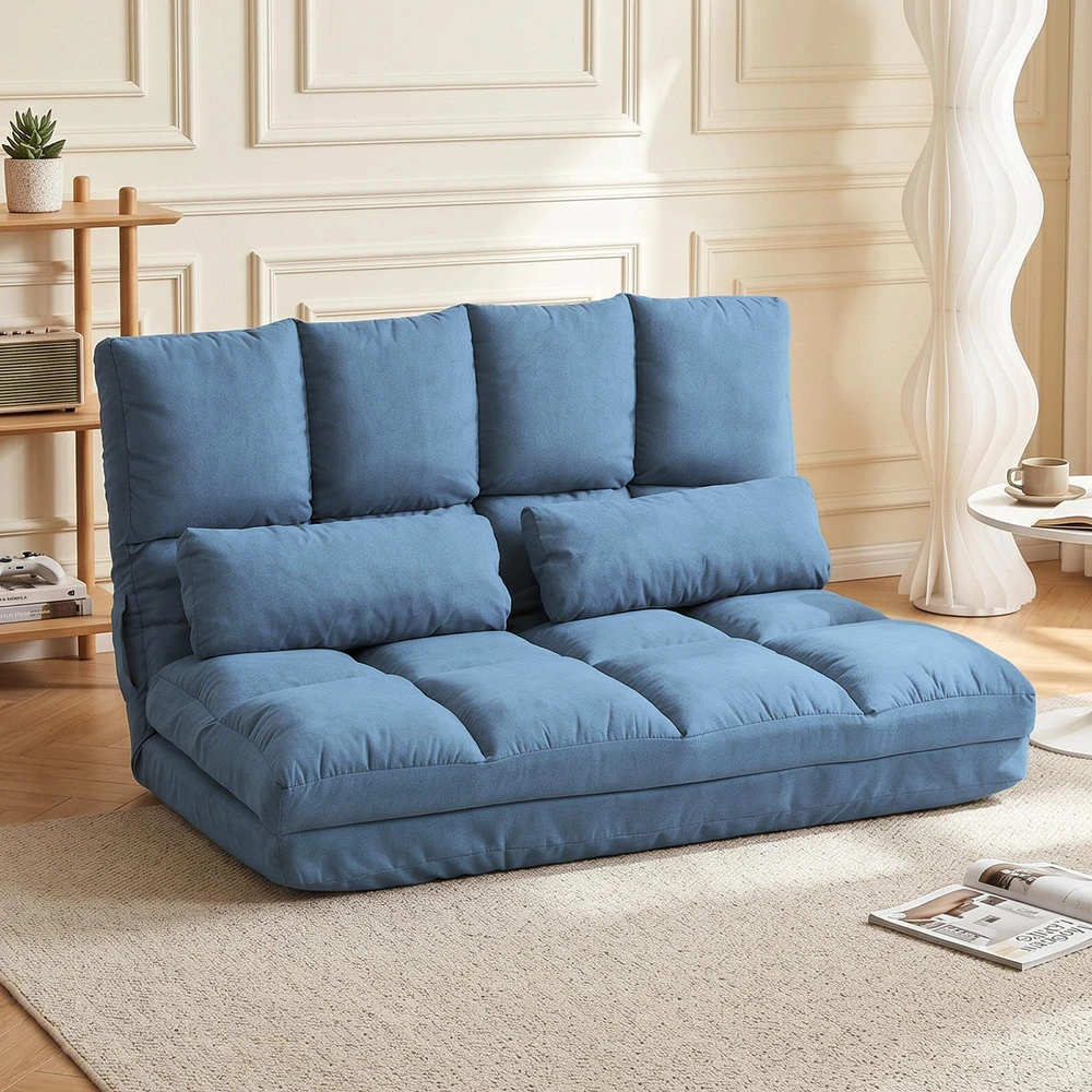 Sofa HOMCOM grindų kėdė 2in1 grindų fotelis sulankstomas lovos atlošas 3 padėtys reguliuojama sėdynės pagalvėlė aksomas plienas mėlyna 102x73x60cm