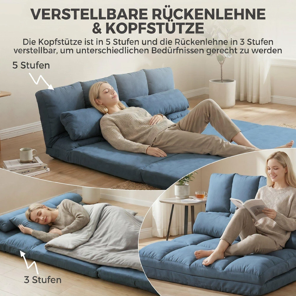 Sofa HOMCOM grindų kėdė 2in1 grindų fotelis sulankstomas lovos atlošas 3 padėtys reguliuojama sėdynės pagalvėlė aksomas plienas mėlyna 102x73x60cm
