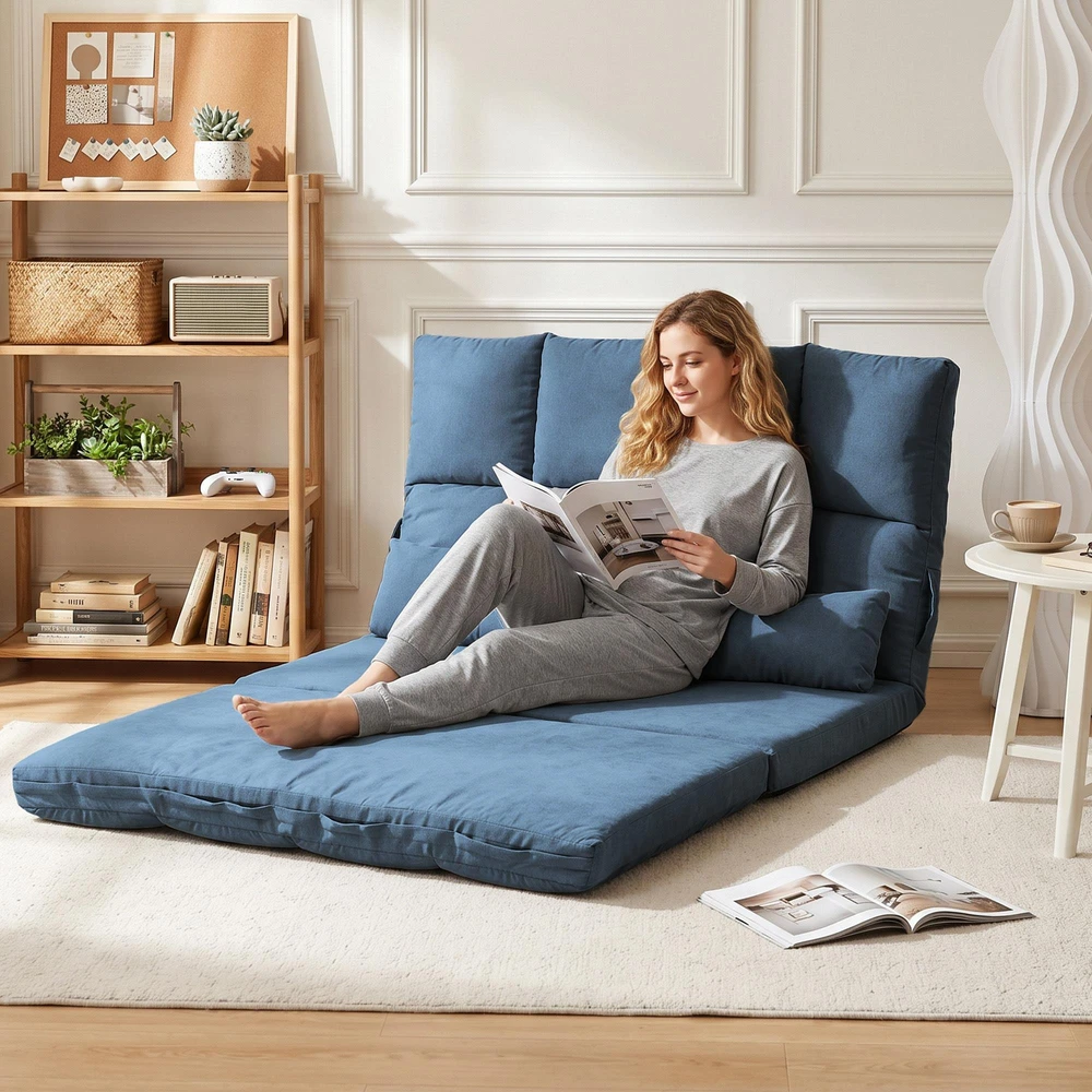 Sofa HOMCOM grindų kėdė 2in1 grindų fotelis sulankstomas lovos atlošas 3 padėtys reguliuojama sėdynės pagalvėlė aksomas plienas mėlyna 102x73x60cm