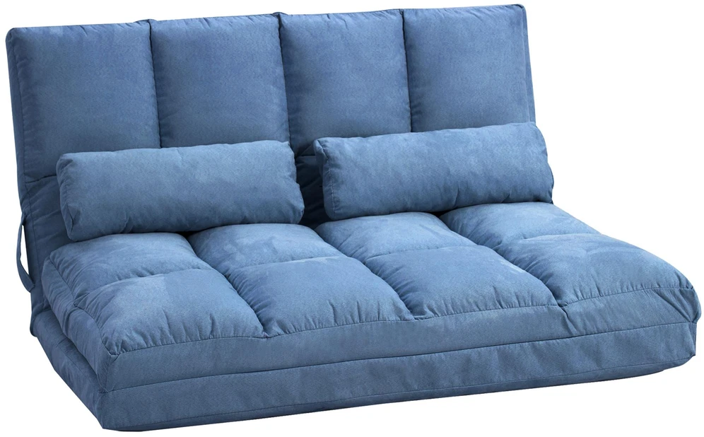 Sofa HOMCOM grindų kėdė 2in1 grindų fotelis sulankstomas lovos atlošas 3 padėtys reguliuojama sėdynės pagalvėlė aksomas plienas mėlyna 102x73x60cm