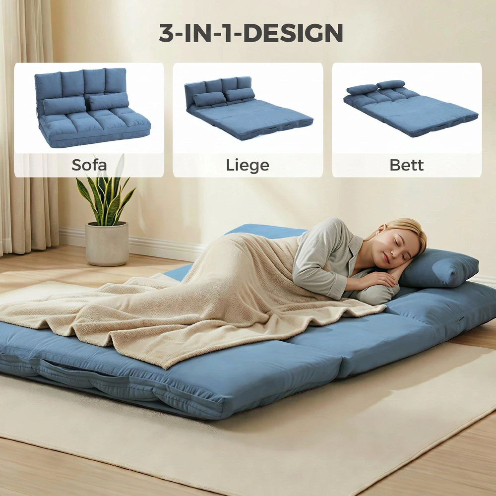 Sofa HOMCOM grindų kėdė 2in1 grindų fotelis sulankstomas lovos atlošas 3 padėtys reguliuojama sėdynės pagalvėlė aksomas plienas mėlyna 102x73x60cm