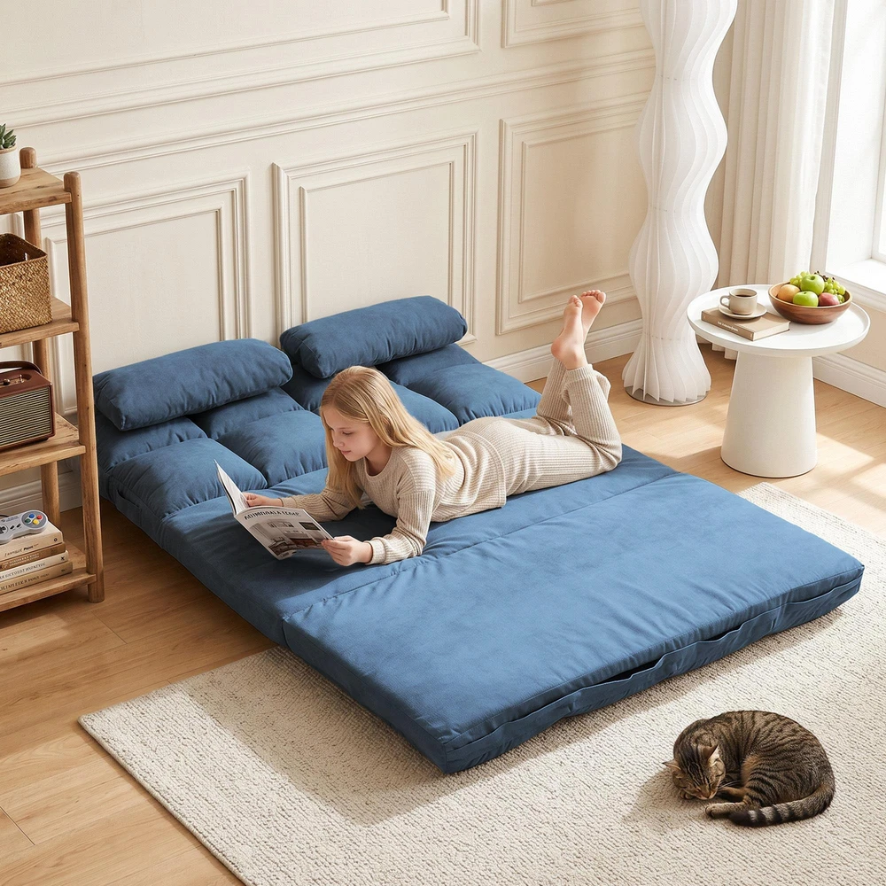 Sofa HOMCOM grindų kėdė 2in1 grindų fotelis sulankstomas lovos atlošas 3 padėtys reguliuojama sėdynės pagalvėlė aksomas plienas mėlyna 102x73x60cm