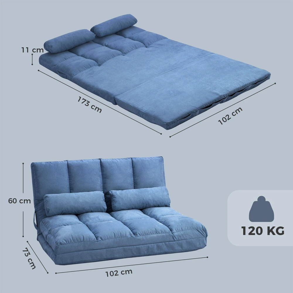 Sofa HOMCOM grindų kėdė 2in1 grindų fotelis sulankstomas lovos atlošas 3 padėtys reguliuojama sėdynės pagalvėlė aksomas plienas mėlyna 102x73x60cm