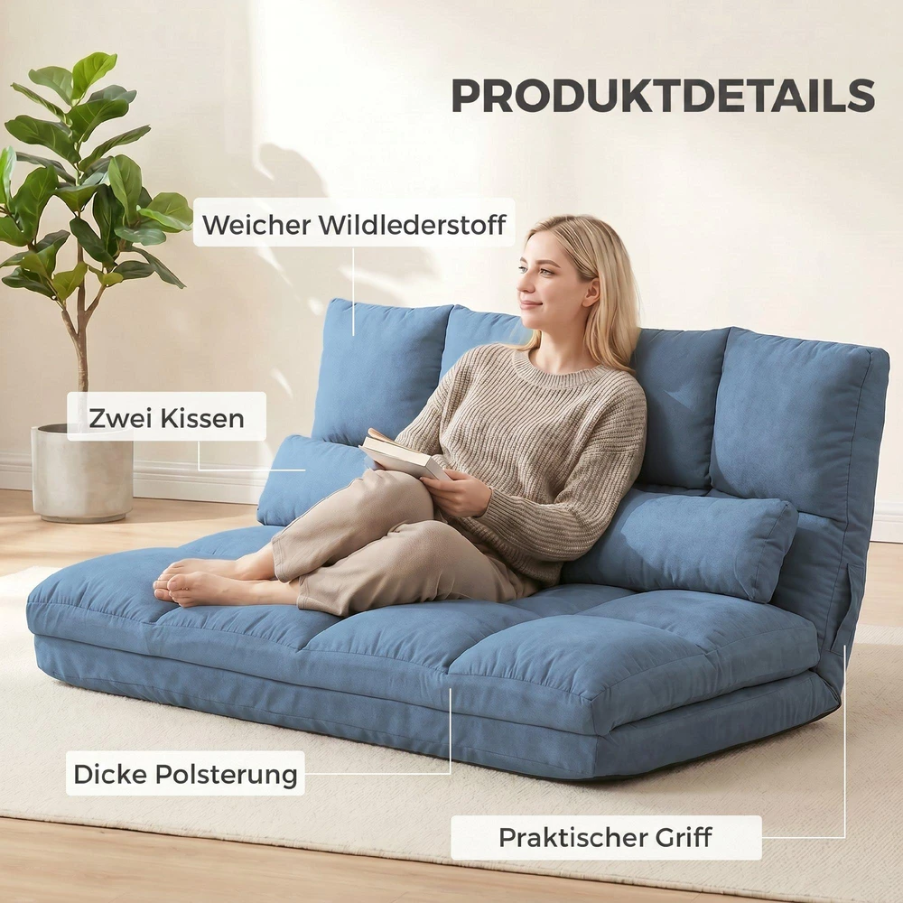 Sofa HOMCOM grindų kėdė 2in1 grindų fotelis sulankstomas lovos atlošas 3 padėtys reguliuojama sėdynės pagalvėlė aksomas plienas mėlyna 102x73x60cm