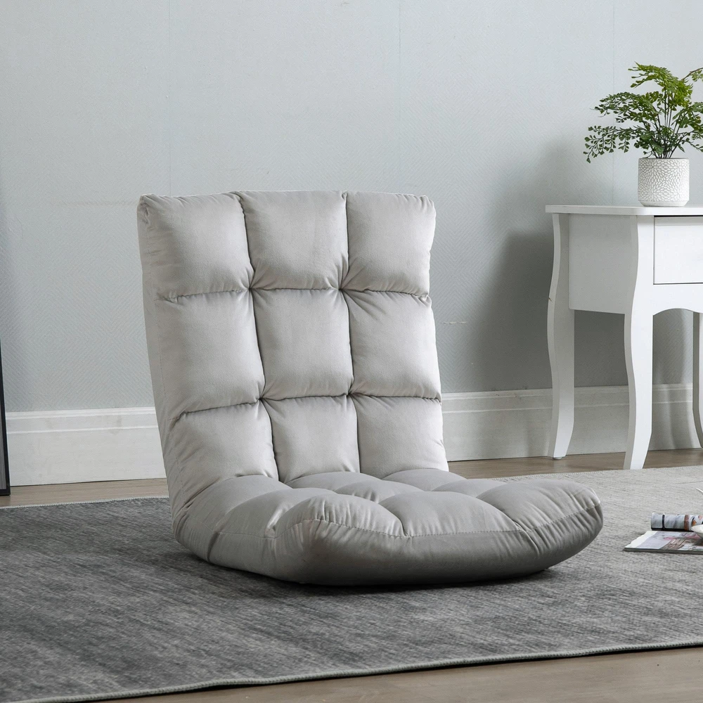 Fotelis HOMCOM grindų kėdė "3-in-1", sulankstoma, reguliuojamas atlošas, 13 padėčių, sulankstomas gulmaišis, pilkas metalinis putplastis, 55x71x53,5 cm