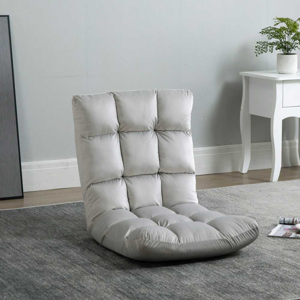 Fotelis HOMCOM grindų kėdė "3-in-1", sulankstoma, reguliuojamas atlošas, 13 padėčių, sulankstomas gulmaišis, pilkas metalinis putplastis, 55x71x53,5 cm