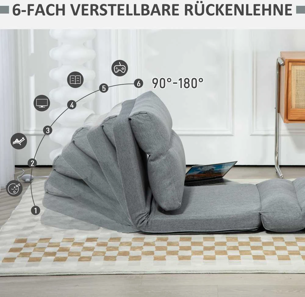 HOMCOM grindinis krėslas su 6 padėčių reguliuojamu atlošu, sulankstomas meditacijos krėslas, lininio audinio išvaizda, paminkštinta grindų sofa svetainei, miegamajam, pilkas