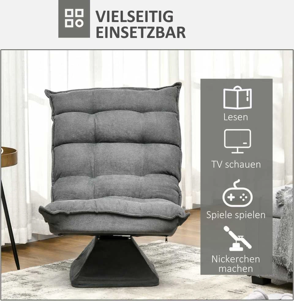 HOMCOM grindų kėdė, grindų sofa su reguliuojamu atlošu, besisukantis poilsio krėslas, sėdmaišis svetainei, biurui, mikropluoštas, pilka