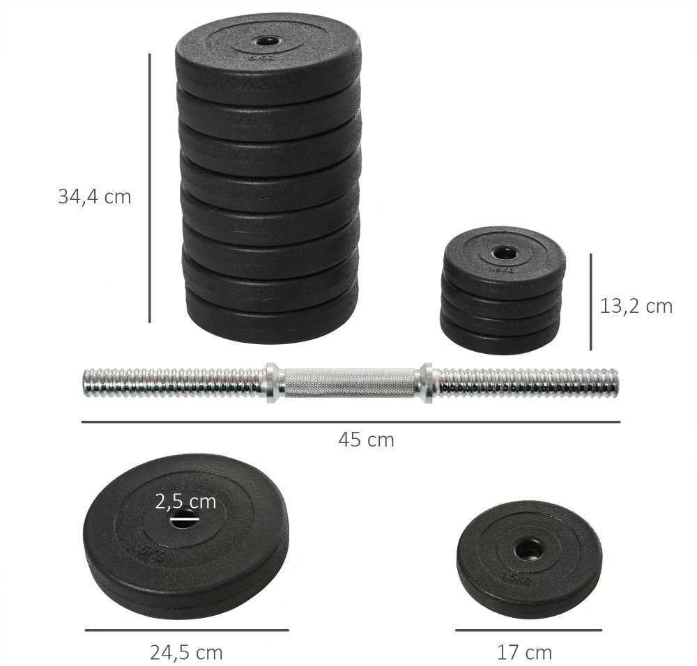 HOMCOM hantelių rinkinys, 2 vnt. trumpųjų hantelių, 50 kg hantelių rinkinys su 2 hantelių strypais, 12 svorių ir 4 žvaigždutės formos užraktais, plieno, juodas