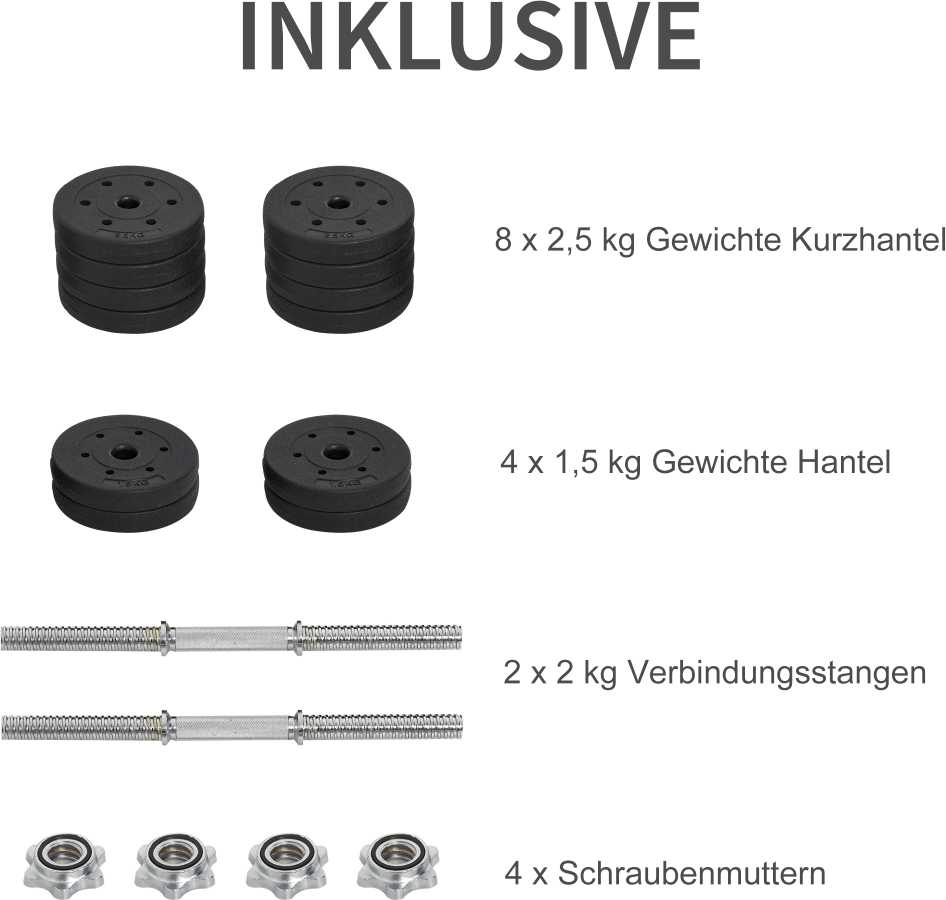 HOMCOM 30 kg hantelių rinkinys su svoriais – plieno, neslidus, juodas, tinkamas namams ir sporto salėms