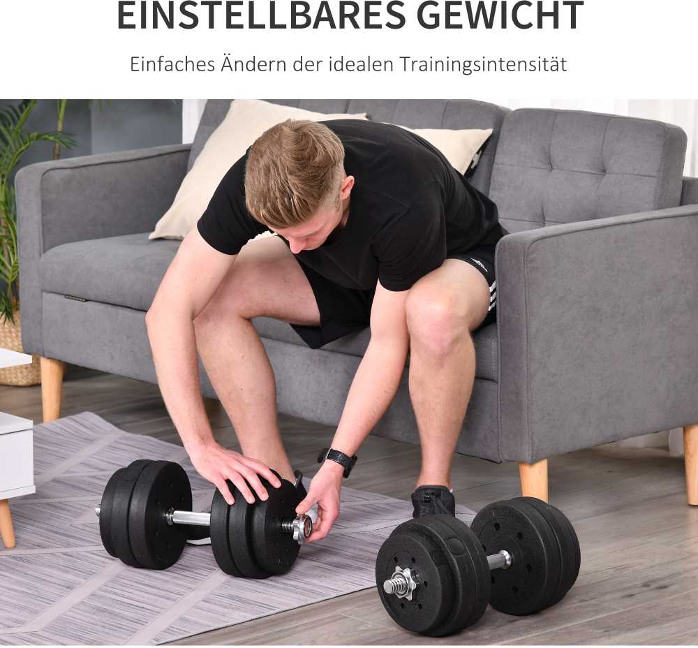 HOMCOM 30 kg hantelių rinkinys su svoriais – plieno, neslidus, juodas, tinkamas namams ir sporto salėms
