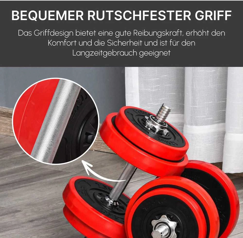 HOMCOM 20 kg 2-in-1 hantelių ir štangos rinkinys, reguliuojamas, raudona/juoda, 21,5x21,5x3,8 cm, skirtas sportui namuose ir raumenų treniruotėms
