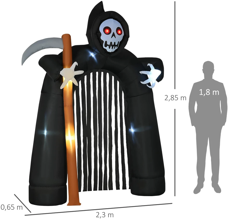 HOMCOM Helovino pripučiama "Grim Reaper" arka 2,85 m Didelė Helovino dekoracija su LED apšvietimu, vakarėlio dekoracija vidaus ir lauko erdvėms