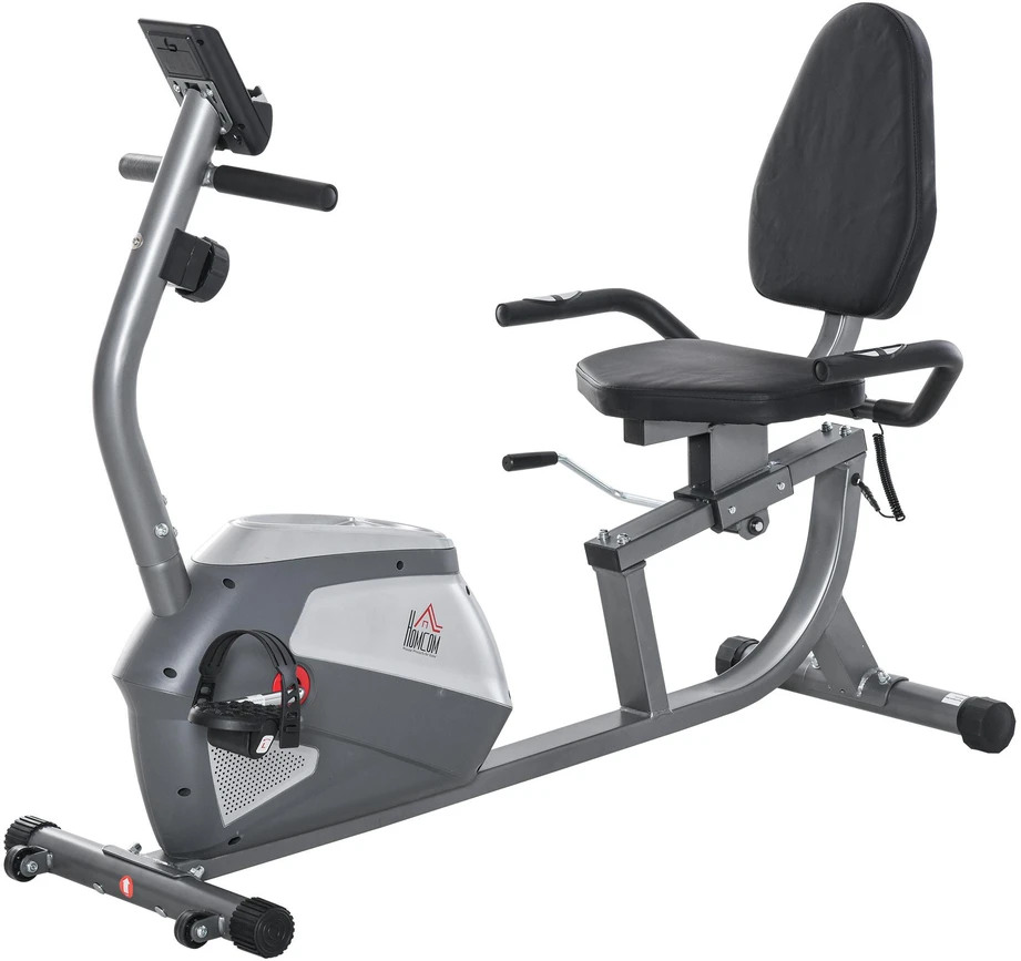 HOMCOM horizontalus dviratis treniruoklis su LCD ekranu, 8 lygių reguliuojamu magnetiniu pasipriešinimu, naudotojo svoris iki 110 kg, metalas, ABS, 136x62,5x38 cm