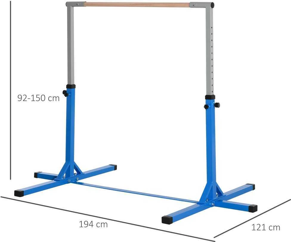 HOMCOM reguliuojamo aukščio gimnastikos skersinis, 13 lygių, iki 75 kg apkrova, plienas ir bukmedis, mėlynas, skirtas gimnastikai ir treniruotėms
