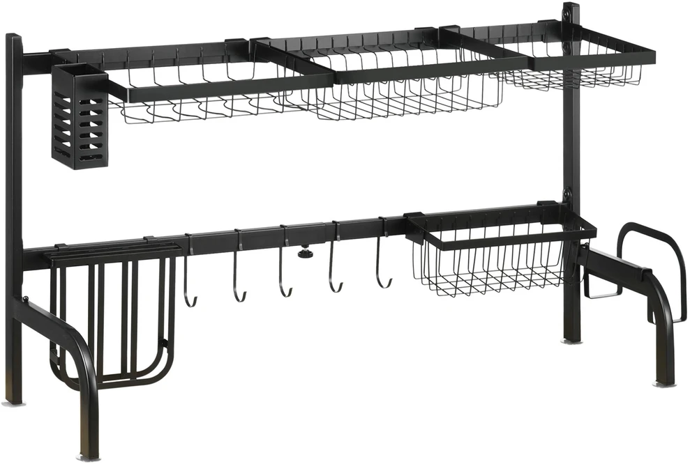HOMCOM indų džiovykla, 2 pakopų, su kabliukais, padėklu, plieninė, juoda, 51-93 cm