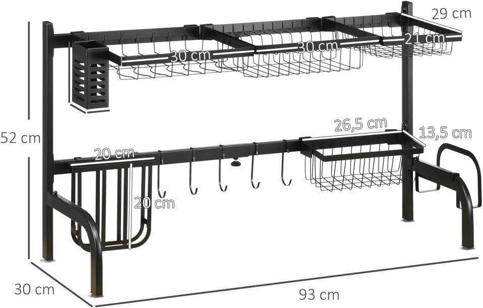 HOMCOM indų džiovykla, 2 pakopų, su kabliukais, padėklu, plieninė, juoda, 51-93 cm
