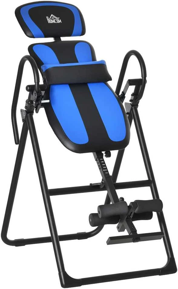 HOMCOM sulankstomas inversijos stalas, gravitacijos treniruoklis su ratukais, reguliuojamas nugaros atlošas, metalas ir ABS, juoda ir mėlyna spalvos, 132x71x145 cm