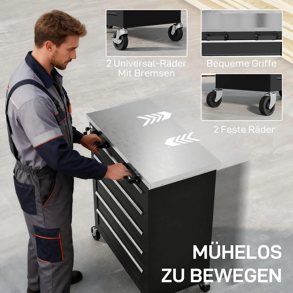 HOMCOM įrankių spintelė su 5 stalčiais, ratukais važinėjanti įrankių dėžė, plieno įrankių vežimėlis, sidabrinė ir juoda